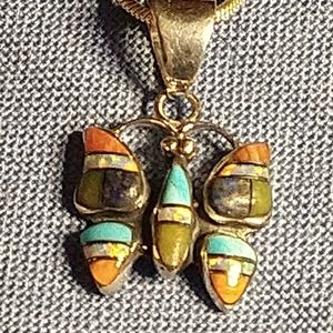 💯SOLD💯SANTA FE, TURQUOISE INLAY PENDANT, BUTTERFLY MOTIF, STERLING.  18" CH.👇